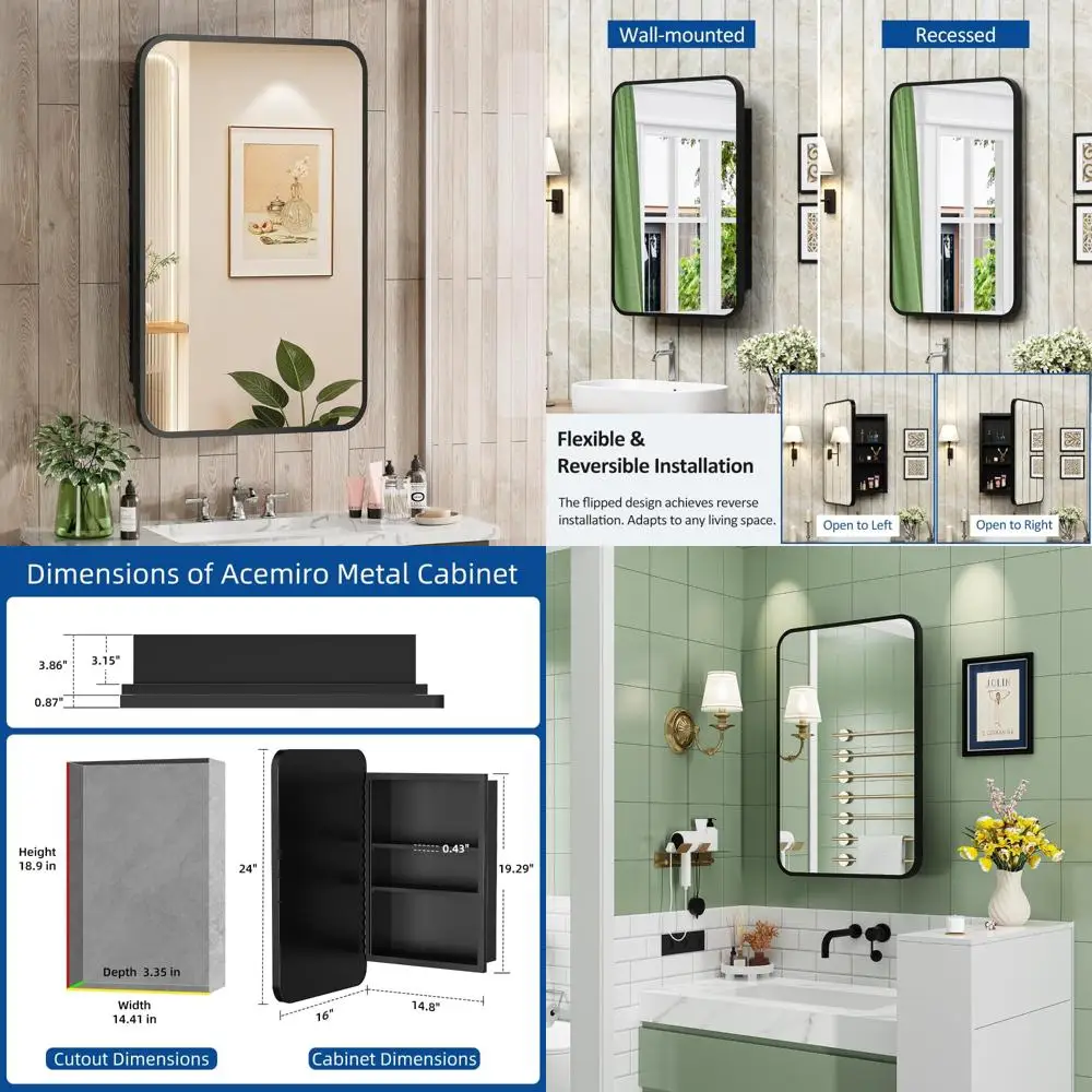 

24 Inch Recessed Metal Framed Black Mirror Medicine Cabinet with Wall Mount and Storage for Bathroom