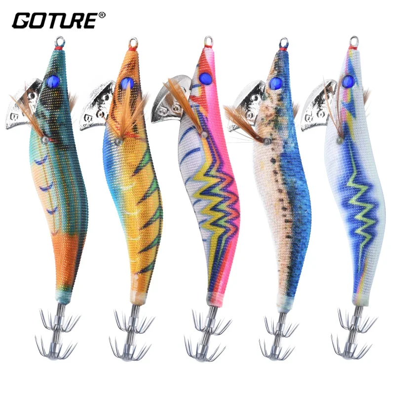 

Goture 5pcs Luminous Squid Jig Shrimp Prawn Lures Artificial Hard bait For Seawater Octopus Cuttlefish Fishing 3.0# 3.5# Hooks