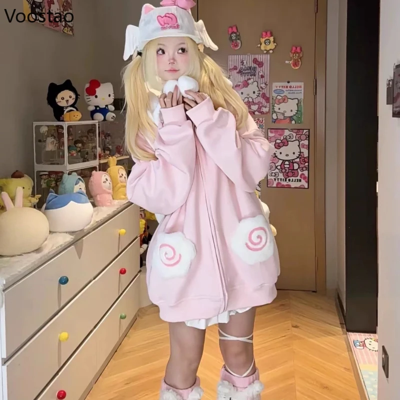 اليابانية Kawaii الكرتون التطريز لوليتا هوديس المرأة لطيف جيب فضفاض قمصان سويت شيرت بقلنسوة Y2k الجمالية عادية الجرونج هودي