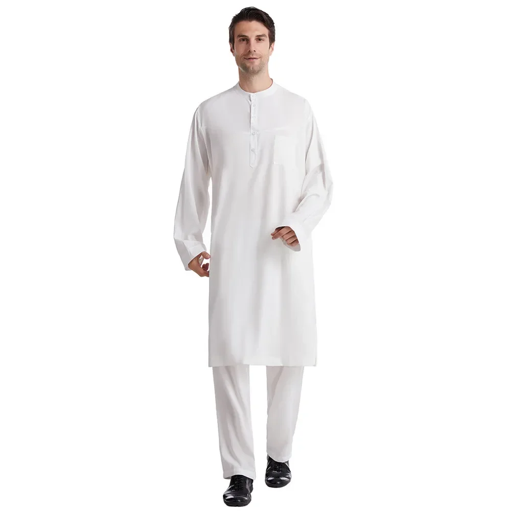 Arabia Saudita Uomo Top Pantaloni 2 Pezzi Set Jubba Thobe Abito Musulmano Islam Abbigliamento Pakistan Abaya Caftano Thoub Robe Ramadan Abaya