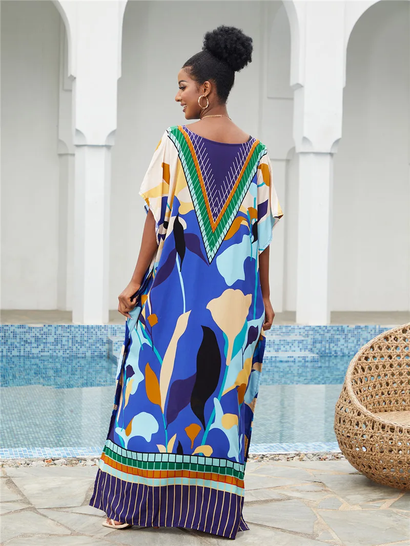 잉크 프린트 롱 비치 커버 업 카프탄 V넥 맥시 드레스, 오버사이즈 비키니 커버 업 로브, 플라지 사롱 비치 튜닉, 신제품