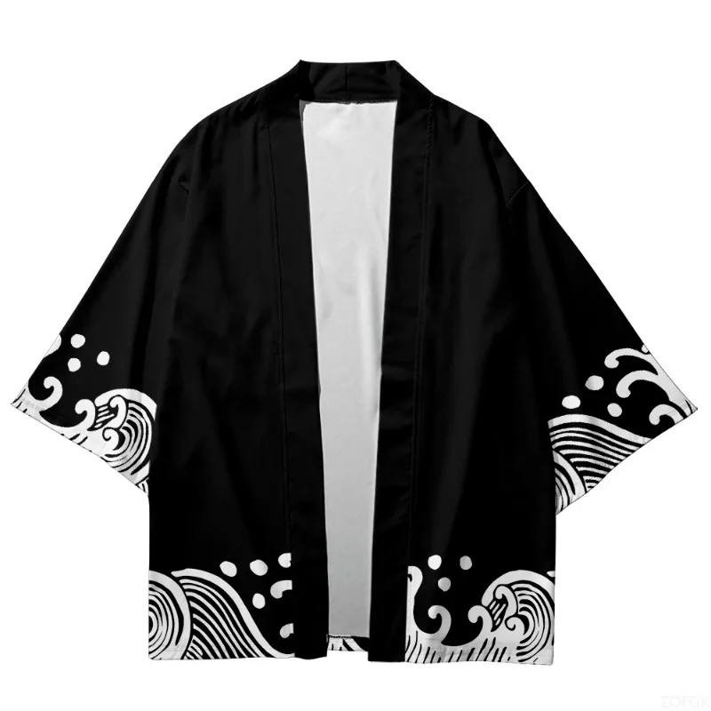 2025 الصيف نمط موجة مطبوعة كيمونو الرجال الياقة المفتوحة لعب الأدوار الشارع الشهير بلوزة سوداء