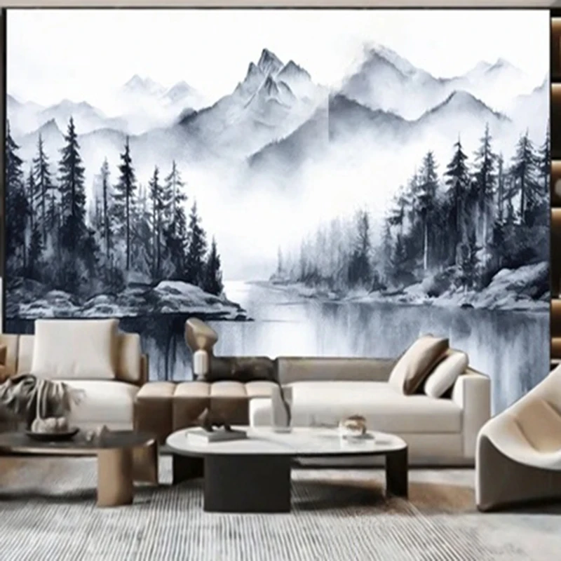 

Custom Wallpaper Murals Black White Mountain Forest Landscape Nature Scenery Wall Art Ink Painting Modern Decorative Background