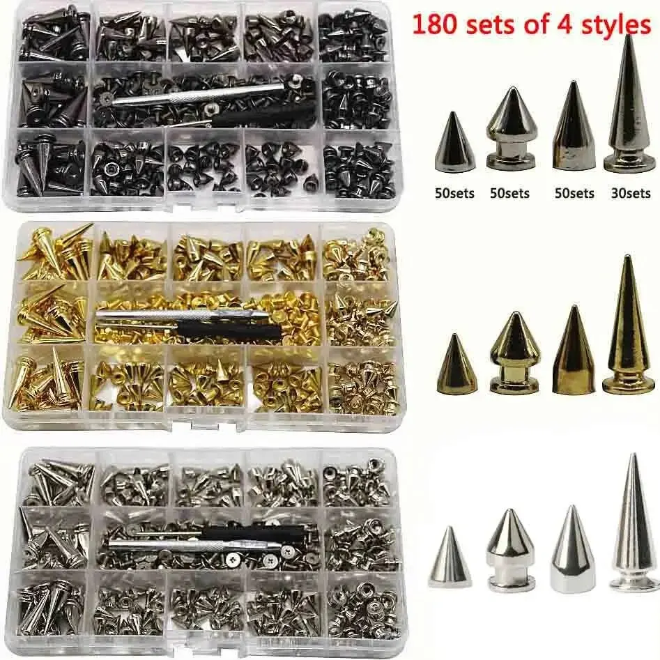 180/80 zestawów Punk Rivet Screw Back Studs i kolce Zestaw z narzędziami Leather Craft Bullet Cone DIY do bransoletki z kołnierzem