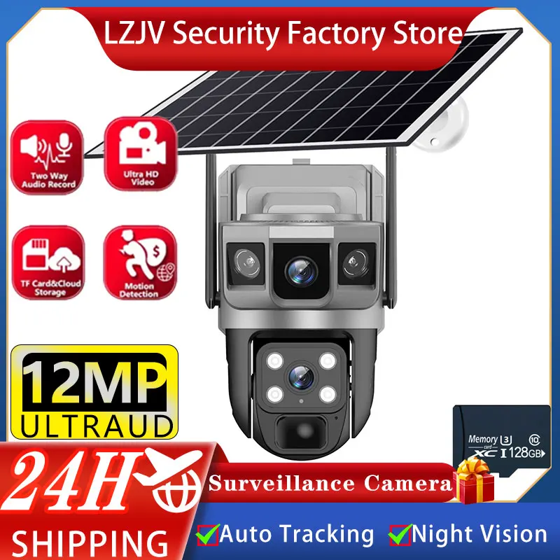 

LZJV 12MP Dual Lens WiFi/4G 6K UHD Solar Camera Outdoor Security Surveillance Cameras Solar Panel Human Detection PTZ CCTV Cam