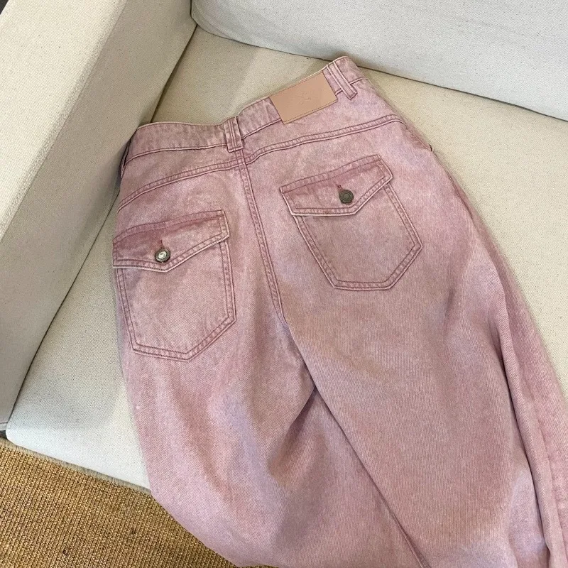 Women Vintage Washed Pink Wide Leg Jeans Back Button Pocket Decor Denim Pants Autumn High Waist Loose Casual Fashion Trousers
