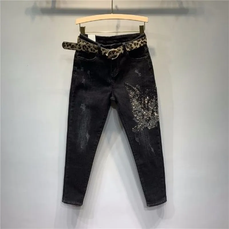 Spring Autumn Women Vintage Black Loose Diamonds High Waisted Jeans Streetwear Ankle-length Denim Pants Trousers