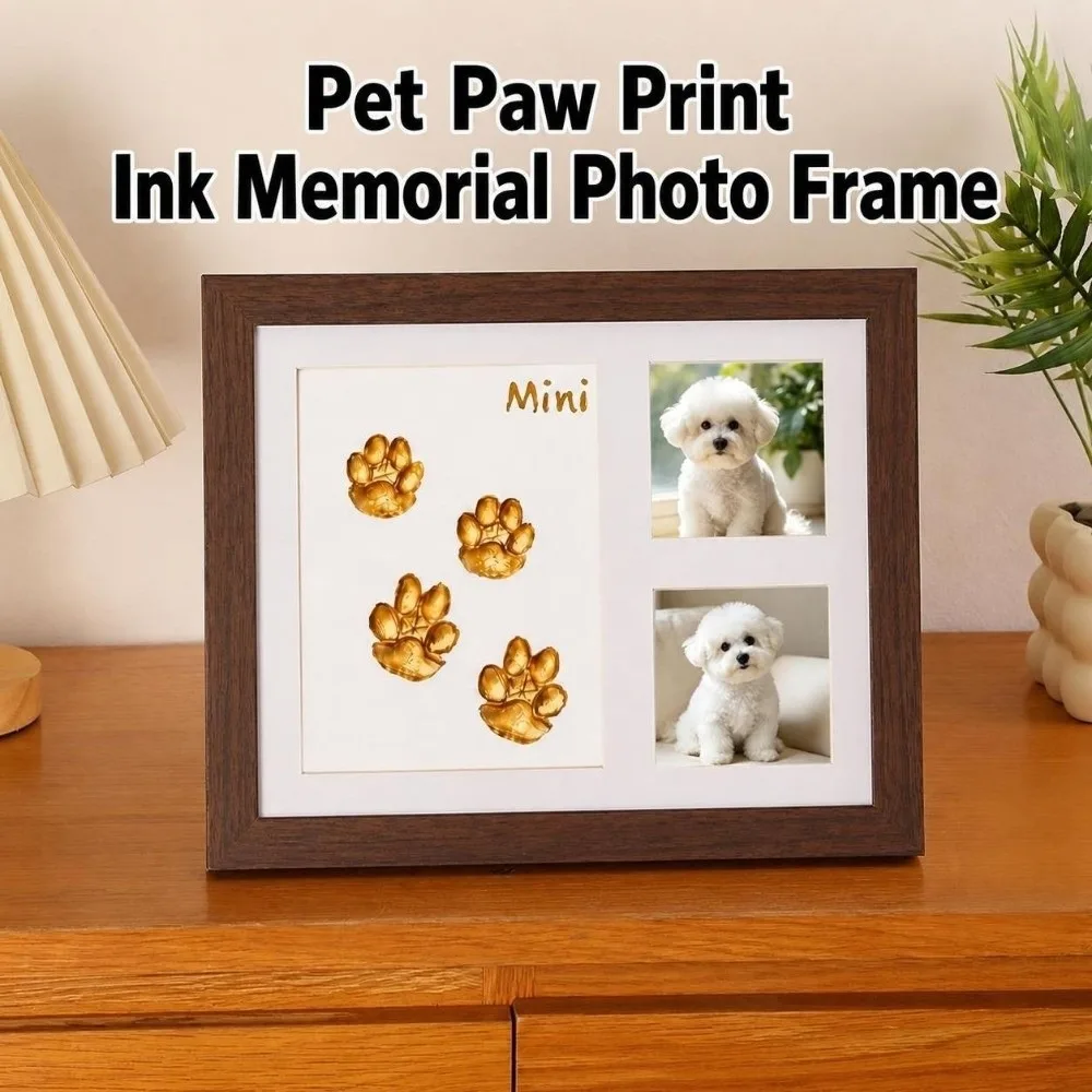 1 Set DIY Pet Paw Print Kit Frame Air Dry Clay Wooden Frame Dog Paw Print Frame Non Toxic Clay Desktop Stand