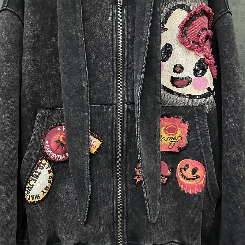 2025 Autumn Heavy Industry New Cartoon Hooded Cardigan Sweatshirt Jacket For Women's Loose Casual Age-Reducing Zipper Top Hoodie