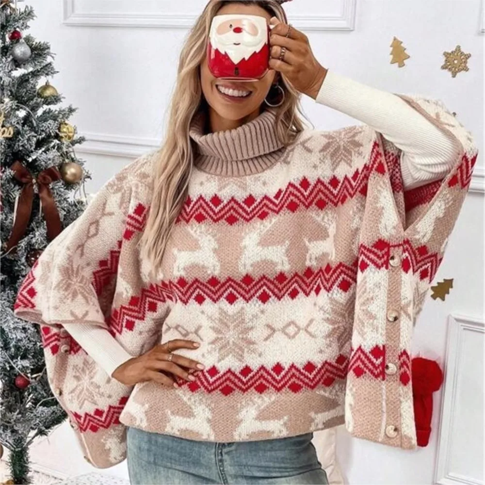 Turtleneck Christmas Sweater Elk Contrast Pattern Bat Sleeve Sweater Winter Clothes Woman Pulls Femmes Comfortable Casual Trendy