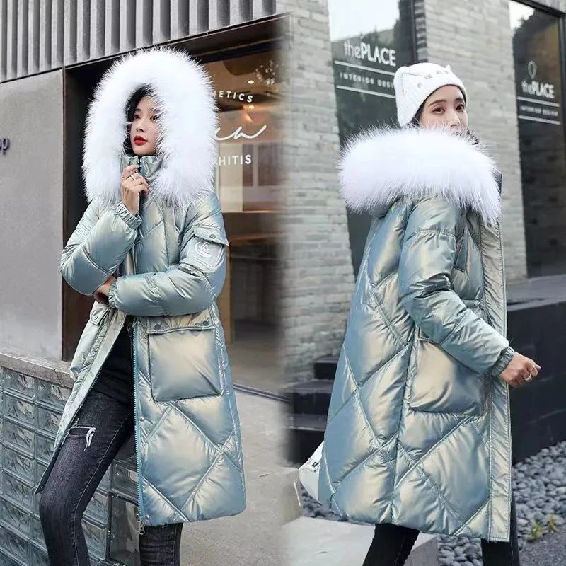 

Women Winter Glossy Cotton Coat 2024 New Winter Coat Women Long Warm Thicken Cotton Padded Jacket Big Fur Collar Hooded Parkas