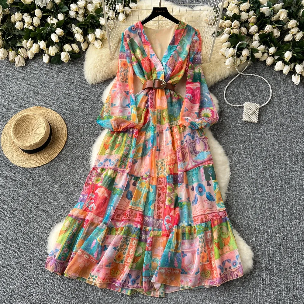 Retro v neck Lantern Sleeve ruffle chiffon Elegancka letnia sukienka A-line Flare Sleeve Vacation print Women Vestidos dresses