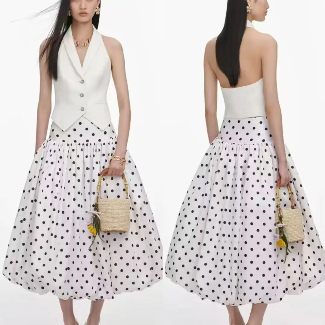 Women 2 Piece Outfit Halter V Neck Vest Backless Sleeveless Waistcoat White Polka Dot High Waist Swing Midi Skirt Matching Set