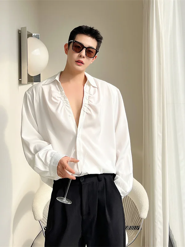 

Acetate Satin Men's irt V-ne Pleated Design Simple Elegance Spring Faion Top Pure Desire Casual Loose Fit Long Sve