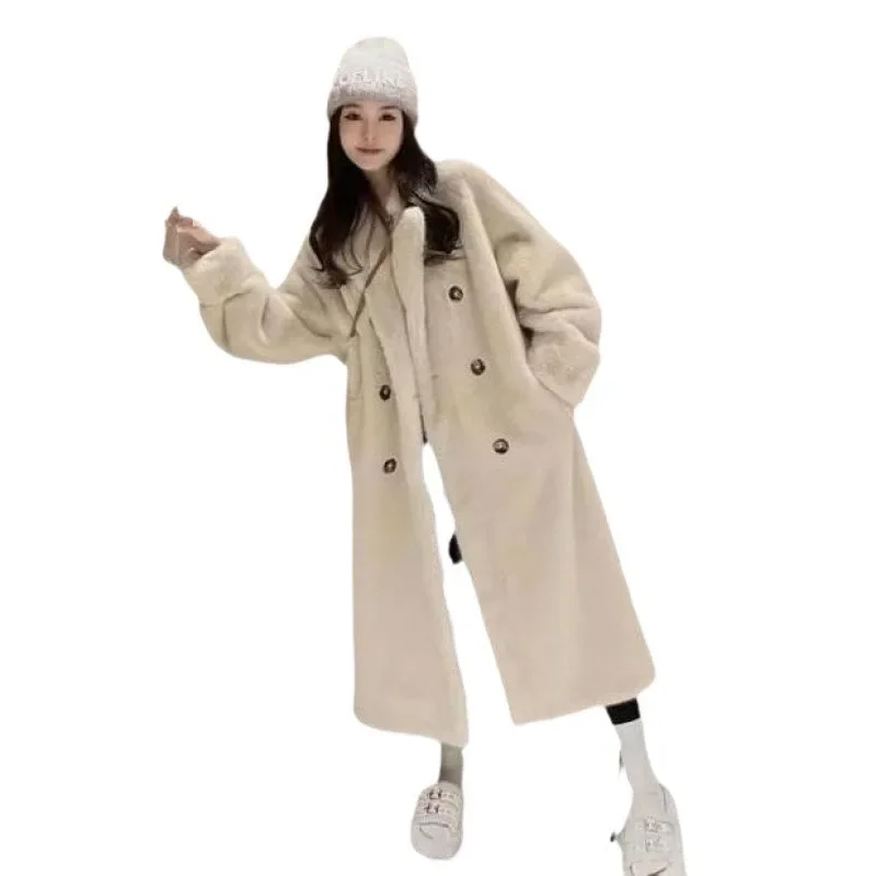 المرأة متوسطة طويلة Tstyle سميكة فو الفراء سترة الشتاء أوف وايت أفخم معطف التلابيب الدافئة جيوب عادية معطف النساء الملابس