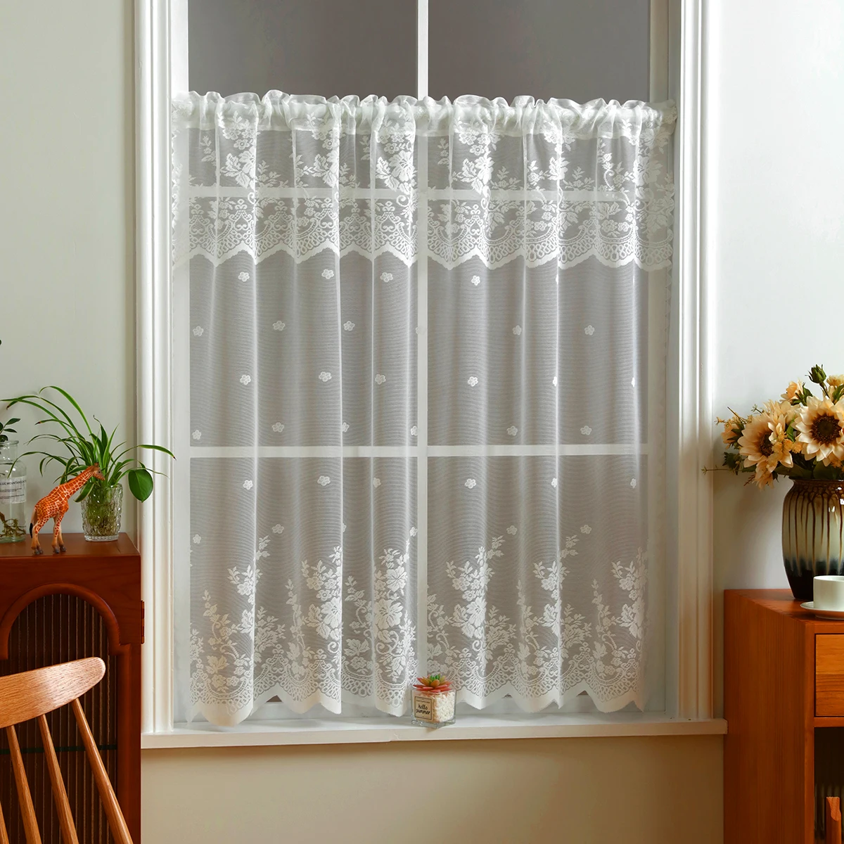 1pc White Lace Short Curtain, Rod Pocket, Sweet Coffee Lace Small Curtain, for Small Windows and Door Decor, Protecting Privacy