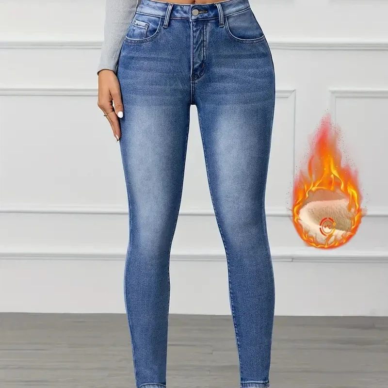 جينز أزرق مغسول Y2K عصري للنساء سروال دينم قابل للتمدد مريح مناسب للتخسيس تأثير شتوي مبطن بالصوف على الطراز الحديث #6