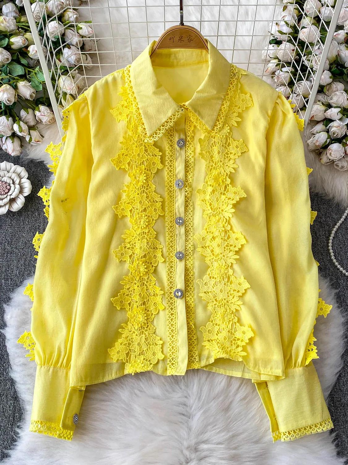 

Heavy Embroidery Lace Patchwork Long Sve irt Women Summer Single Button Loose Anti-Aging Slimming Coat Korean Sle Commute