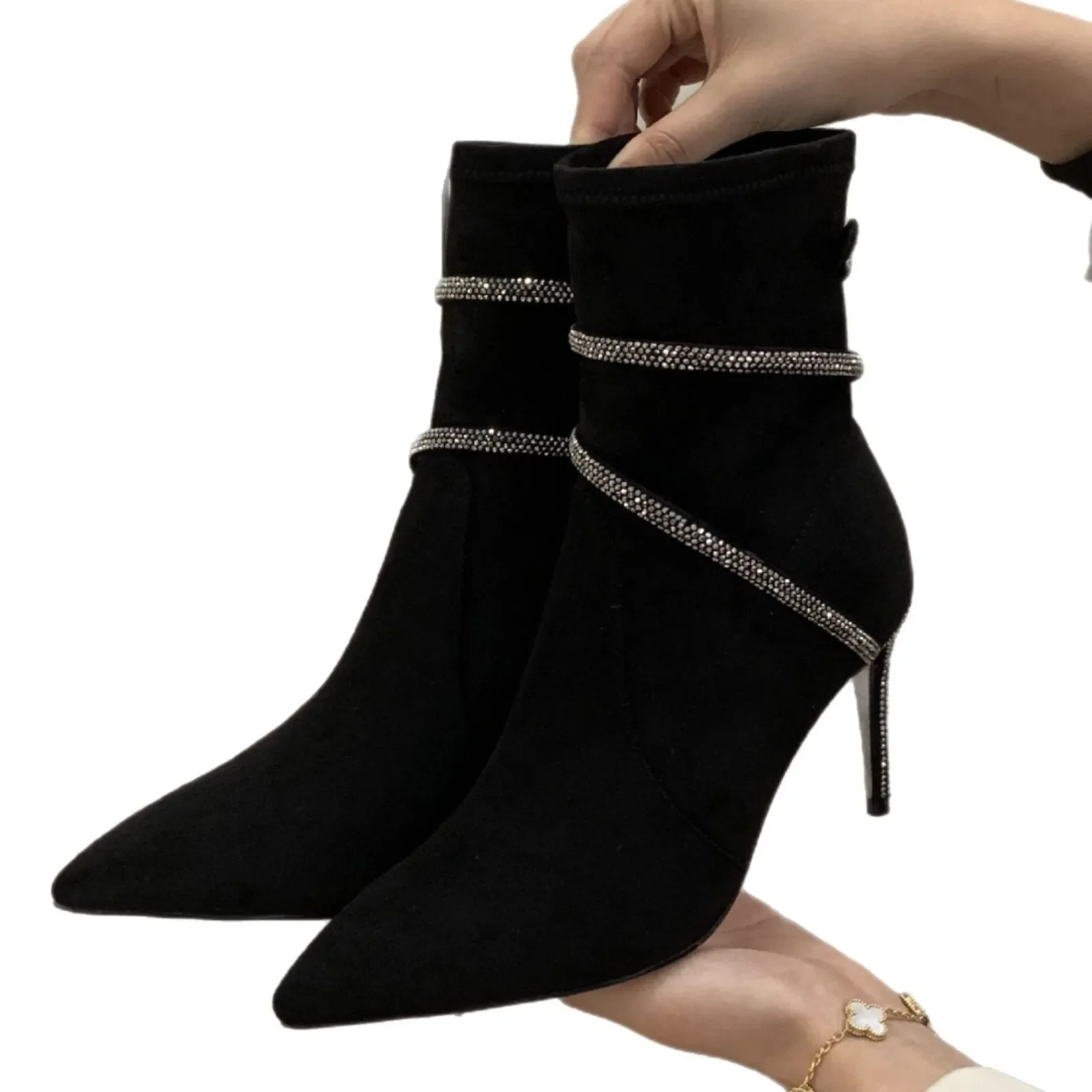 

Autumn Winter Stiletto High Heels Pointed Toe Slim Boats Elastic Black Snake-Shaped Rhinestones Strappy Short Boots For Women