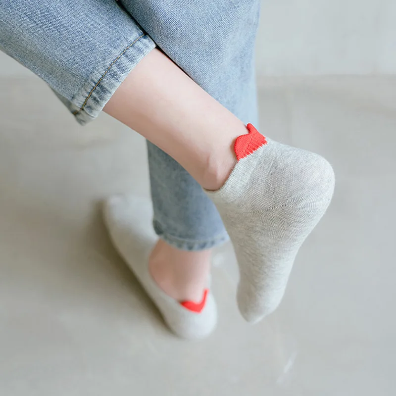 1 Pair Women Socks Cotton Summer New 3D Red Heart Cute Ankle Socks Black White Solid Lovely Socks