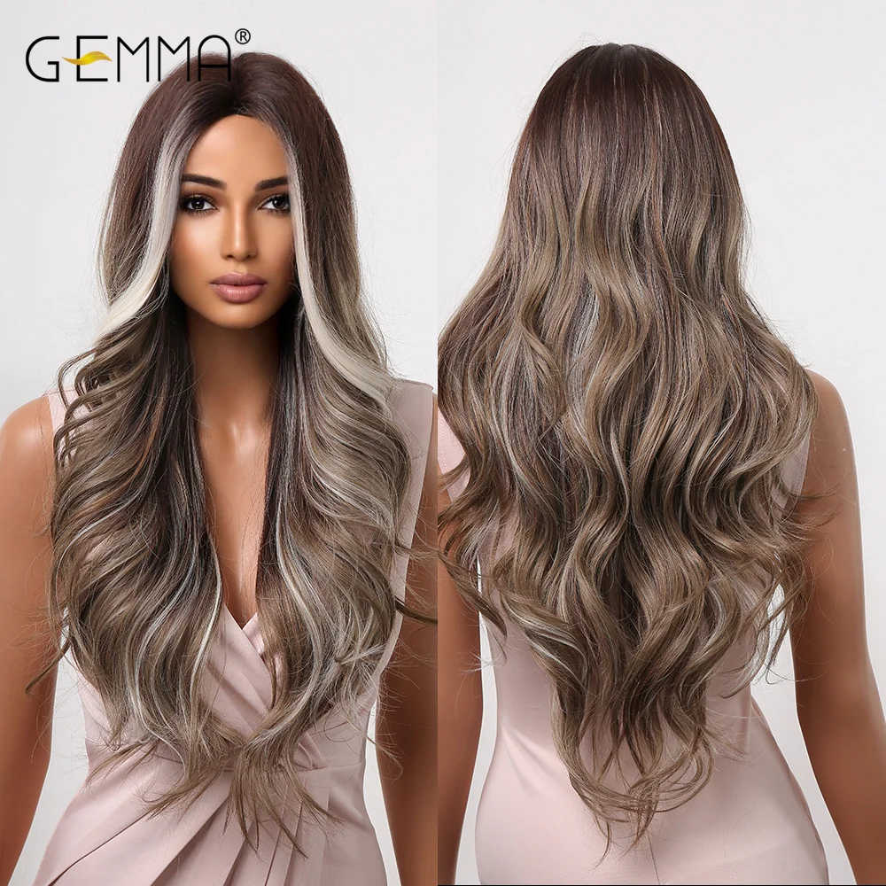 GEMMA شقراء تسليط الضوء على شعر مستعار بني الاصطناعية طويلة متموجة الباروكات للنساء المظهر الطبيعي شعر مستعار تأثيري حزب الباروكات مقاومة للحرارة #1