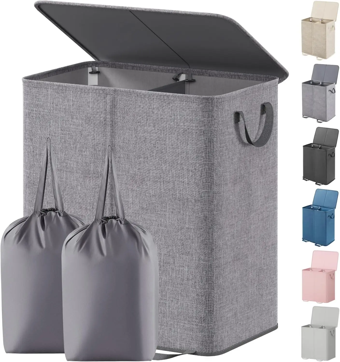 

Double Laundry Hamper with Lid and Removable Laundry Bags, Large Collapsible 2 Dividers Dirty Clothes
