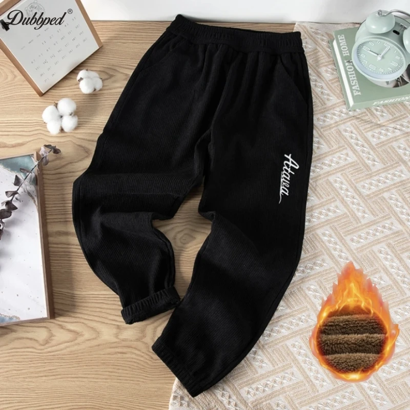 Dubbped Children Trousers Girls Boys  Autumn Winter Fleece Thickening Solid Brown Black Grey Sport Casual Corduroy Pants 5-16 Y