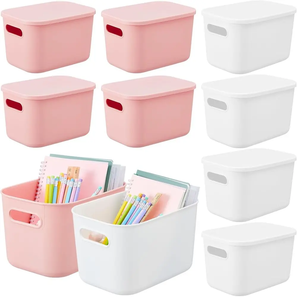 

8 Pieces Colorful Storage Bins with Lid, Plastic Storage Basket Organizing Container Stackable Box with Handle for Shelves Deskt