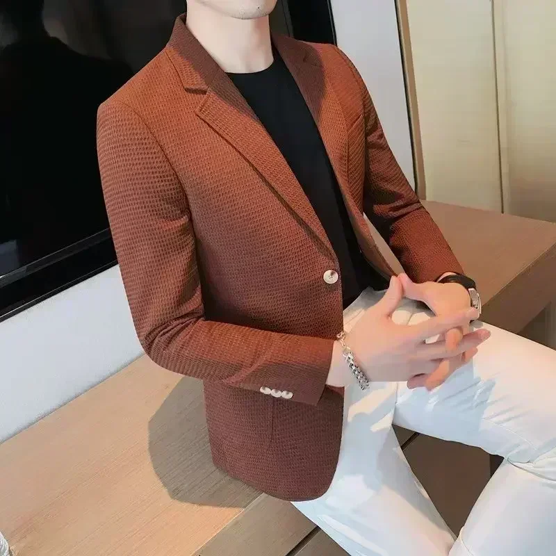 Waffle Suit Jacket Men Blazer Mature Style Casual Korean Fashion Comfort Suit Jacket Solid Color Business Fashion Coat Top