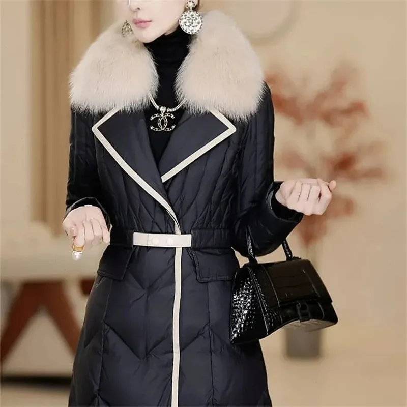 2024 Winter Female New Thickened Waist Down cotton Jacket Imitation Big Fox Fur Collar Medium Long Belt Flip Collar High end