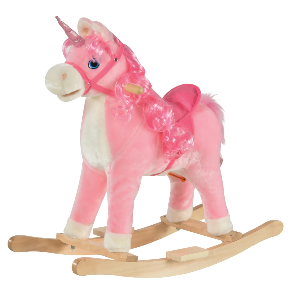 Rocking Horse, Kids Ride on Horse Unicorn Design with Wooden Base, Tail Wag & Sounds for Toddlers 3-6 Years Old, Pink