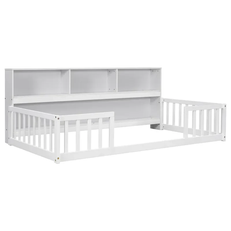 White Solid Wood Kids Storage Bed with Bookshelf Guardrail Safe Sleeping Furniture for Children Bedroom
