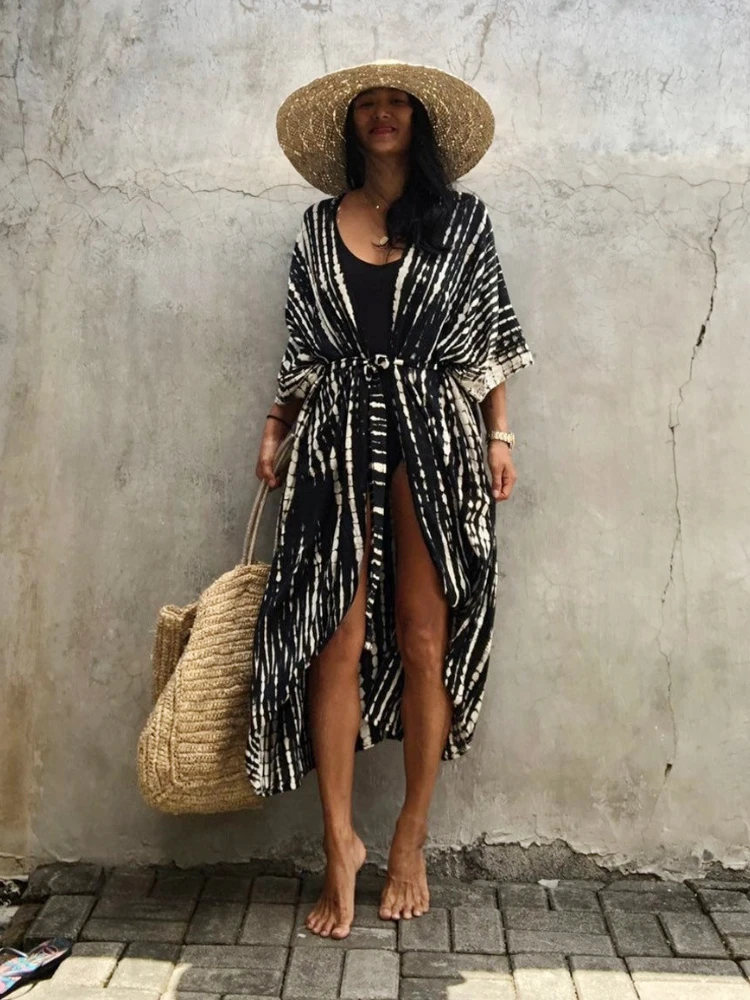 

Summer Beach Cover Ups Vintage Printed Belted Kimono Swimwear Long Cardigan Casual Loose Beachwear Outfits Swimsuit Covers Robe