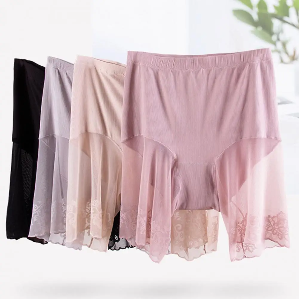 Women Safety Shorts See-through Patchwork Anti-curling Solid Color Plus Size Safety Pants Intimacy Clothes 