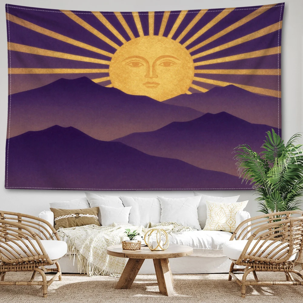 Purple Mountains Sun Face Radiant Wall Tapestry, Boho Mystic Decor
