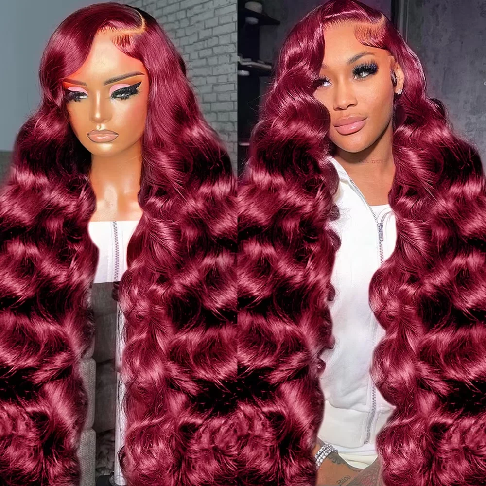 

Body Wave 99J Burgundy Wigs 13x6 13x4 HD Lace Frontal Human Hair Wig Brazilian PrePlucked Red Colored Wig For Women Bleach Knots
