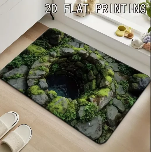 3D Illusion Trap Floor Mat with Vibrant Green Moss and Stone Design Living Room Mats Small Area Carpets Entrance Carpets