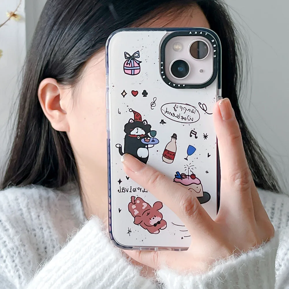 Christmas Party Cola Cake Cute Cat Puppy Happy Dog illustration Cover For iPhone 15 14 Pro 13 12 11 Pro Max Phone Protect Case