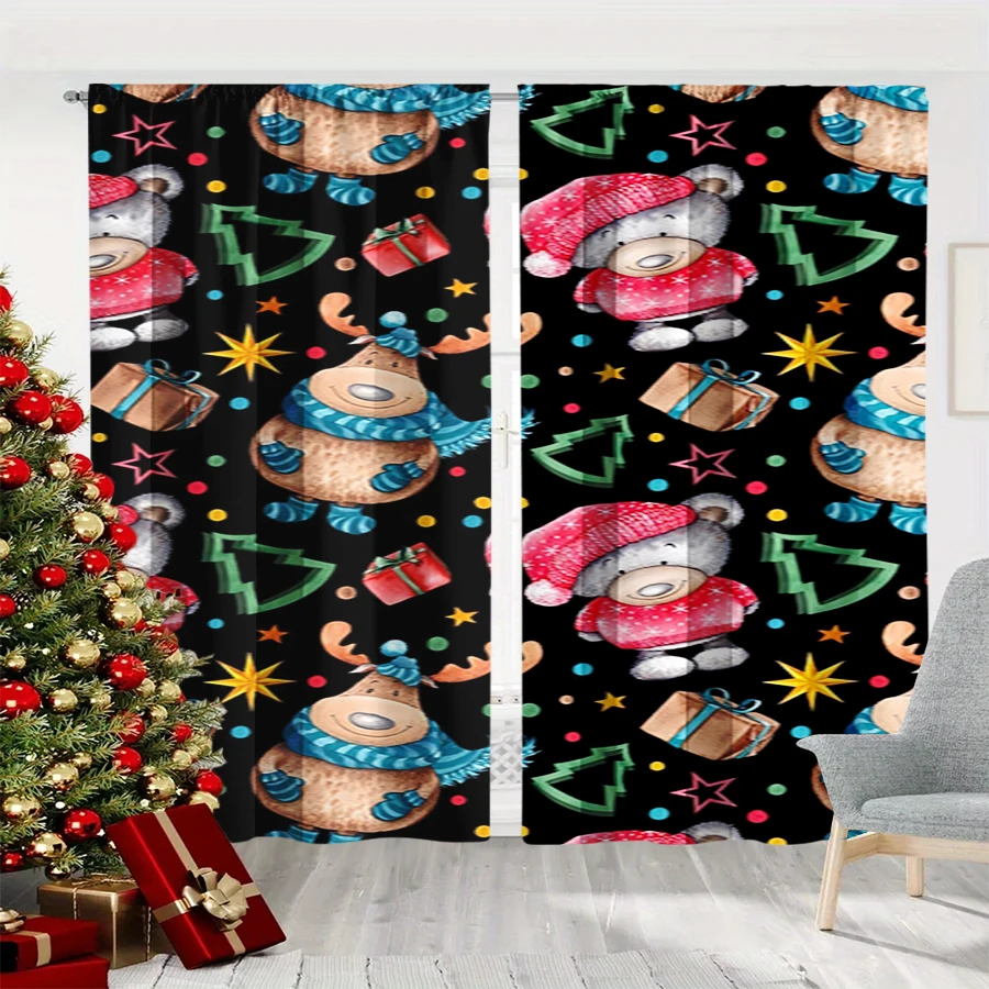 2PCS Christmas Winter Curtains, Black Cartoon Bear Reindeer Scarf Gift Star Tree, Digital Print, Bedroom Living Room, Home Decor