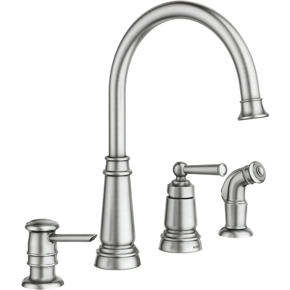 Spot Resist Stainless One-Handle High Arc 4-hole Kitchen Faucet with Side Sprayer and Soap Dispenser