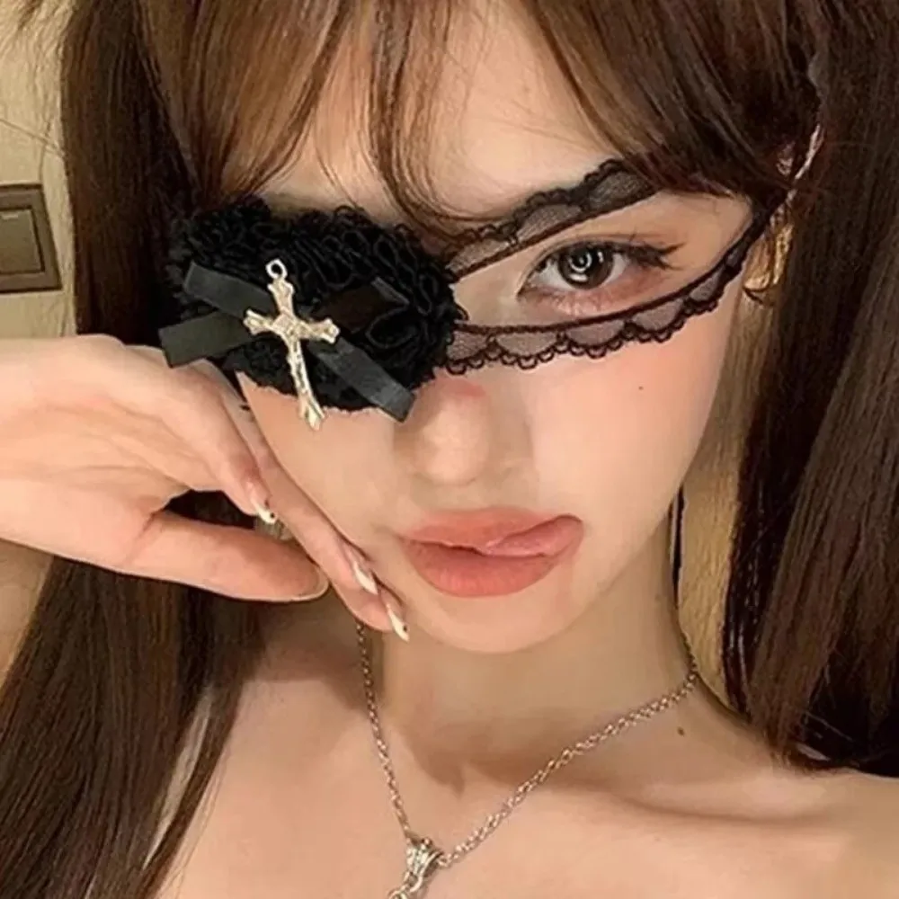 Gothic Style Lace Bows Heart Cross Eye Mask Black White Sweet Cool Lolita Cosplay Eye Patch Cloth Punk Cross Lace Eye Mask