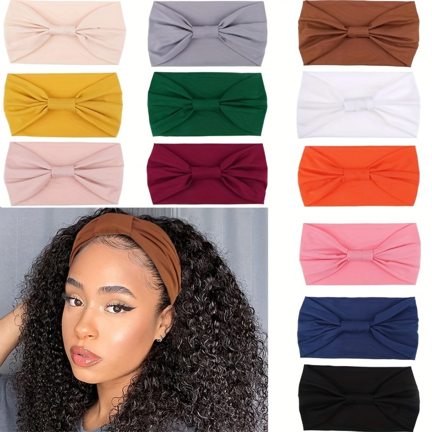 12pcs Stretchy Bowknot Headbands, Solid Color, Wide Non-Slip Breathable Hairbands, Elegant & Bohemian Style, Elastic Sweat-Wicki