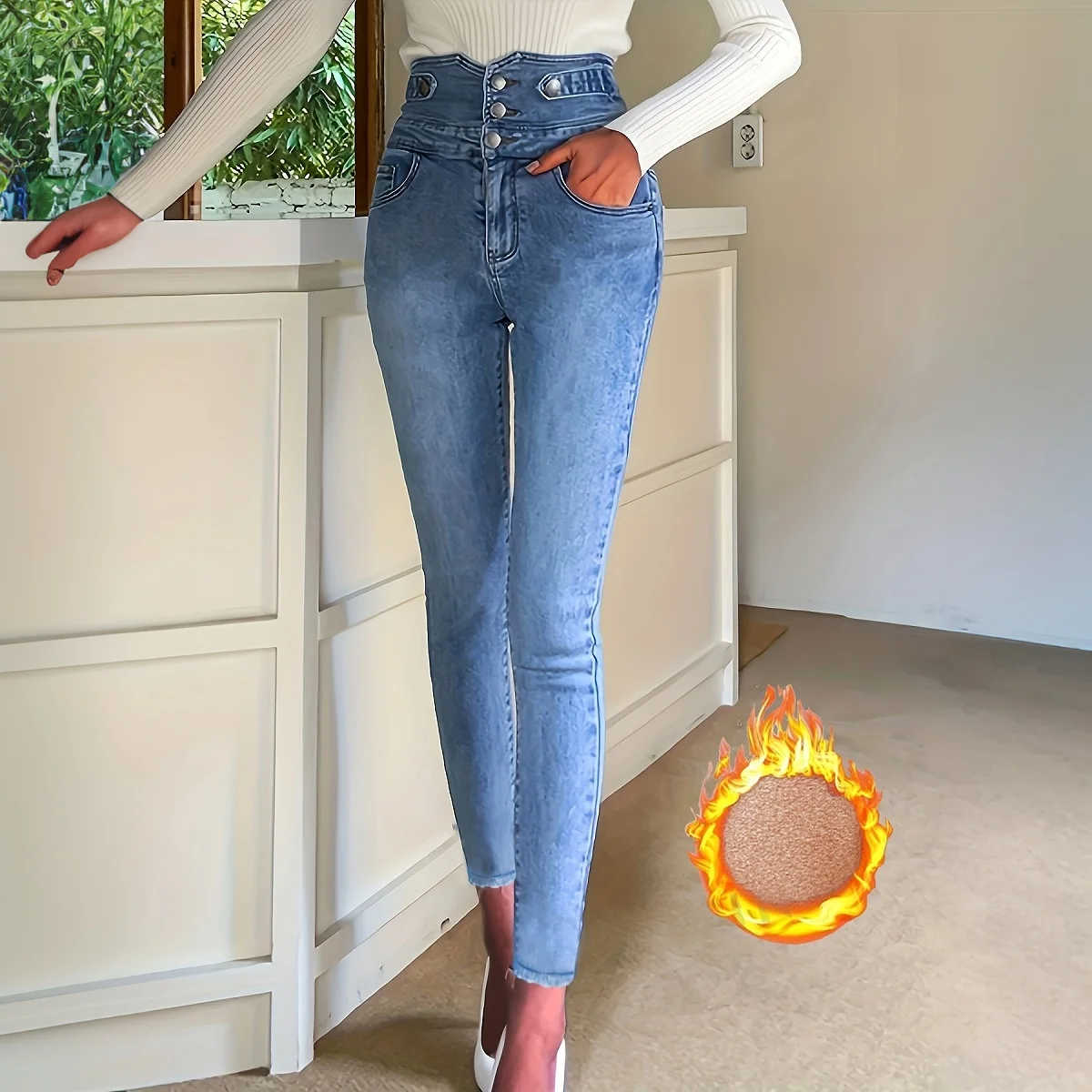 Women's Y2K High Waist Fleece Lined Jeans Multi-Button Slim Fit Denim Pants Vintage Elegant Wash Single Row