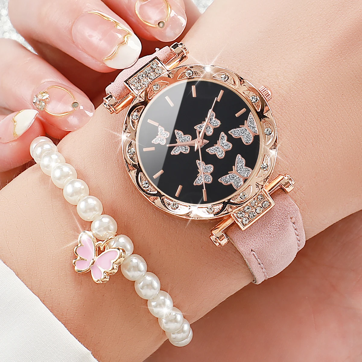 6pcs/set Fashion Butterfly Dial Women Watches Rhinestone Leather Band Quartz Watch Pearls Butterfly Jewelry Set(Without Box)