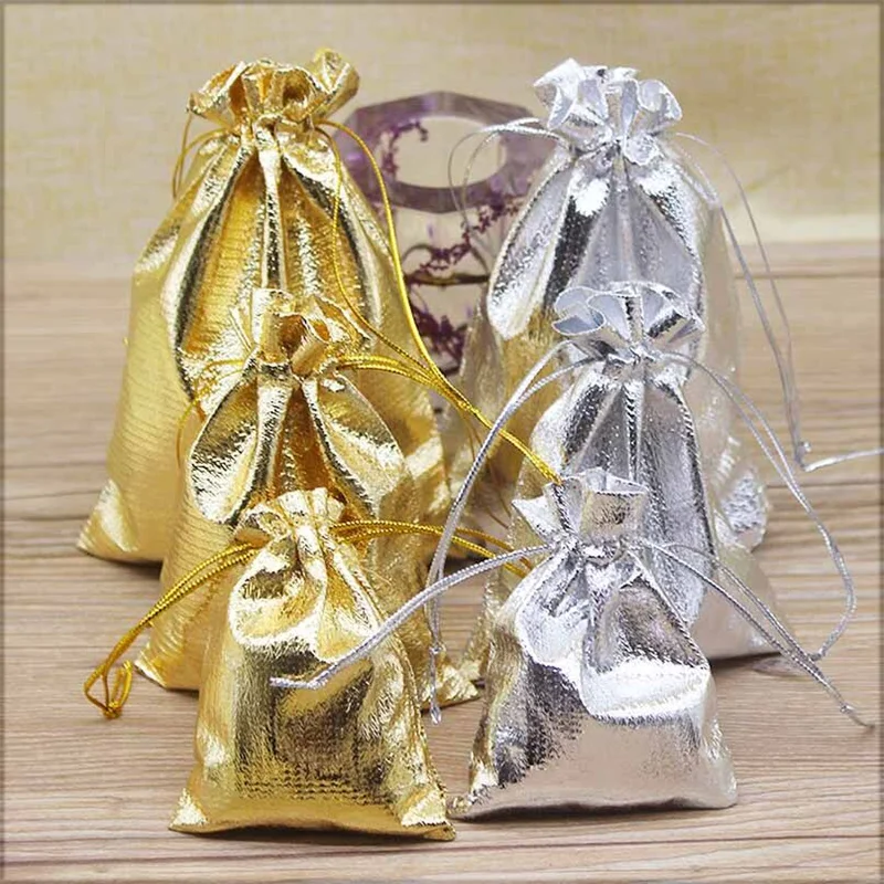 Bolsa con cuello de diseño especial de oro y plata de gran tamaño para regalos de boda, joyería de dulces y bolsas de joyería, 50 unidades