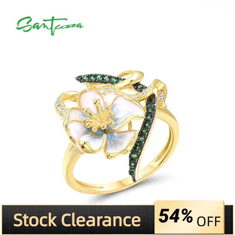 

SANTUZZA, кольца из стерлингового серебра 925 пробы для женщин, зеленая шпинель, белый CZ, эмалированное кольцо ручной работы с цветком, нежные ювелирные изделия