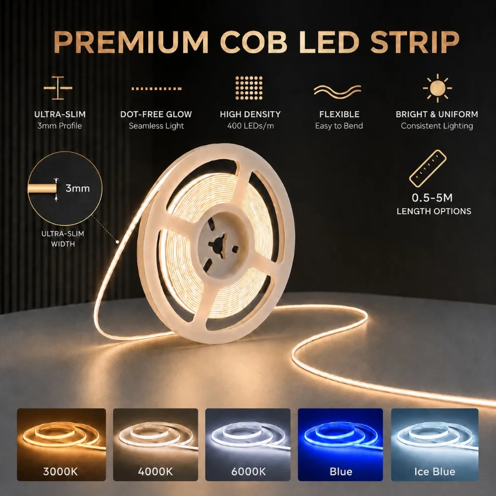 3mm Ultra Thin COB LED Strip DC5V 400LEDs/m Dot‑Free Seamless Linear Light Flexible LED Tape for Bedroom Cabinet Decoration