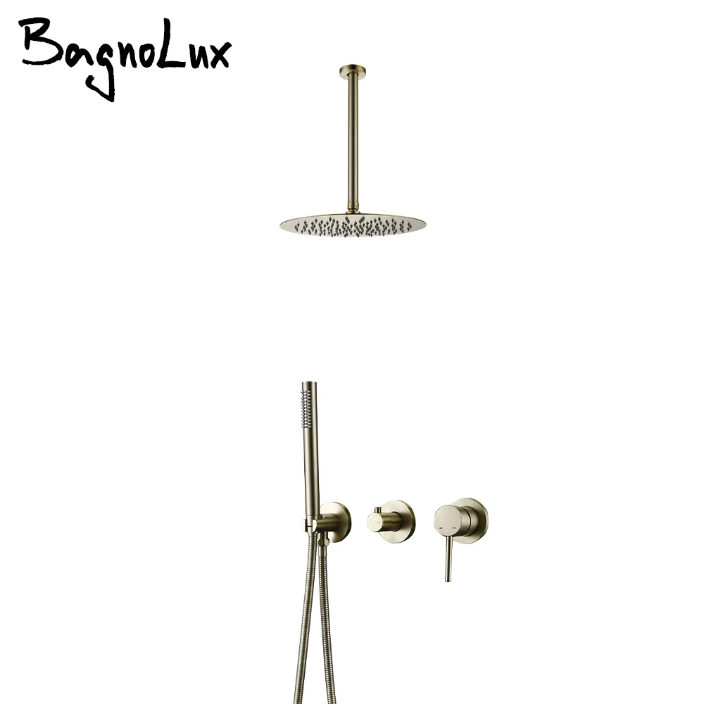 

Brushed Gold Shower Faucet Rain Shower Head Bathroom Shower Tap Ceiling Arm 2 Mode Switch Mixer System Wall Mounted Shower kit