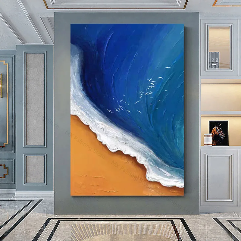 Abstract Oil Painting Texture Blue Sea Orange Beach Posters,Wall Art Prints Canvas Painting,Nordic Living Room Decor Picture Unf