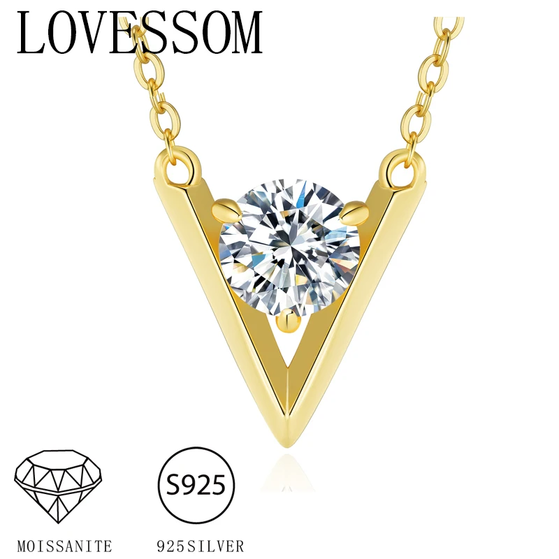 

Серебро 925 пробы, 1 карат, классический круглый муассанит с тремя когтями, модный тренд, V-образное мужское и женское высококачественное ожерелье с подвеской